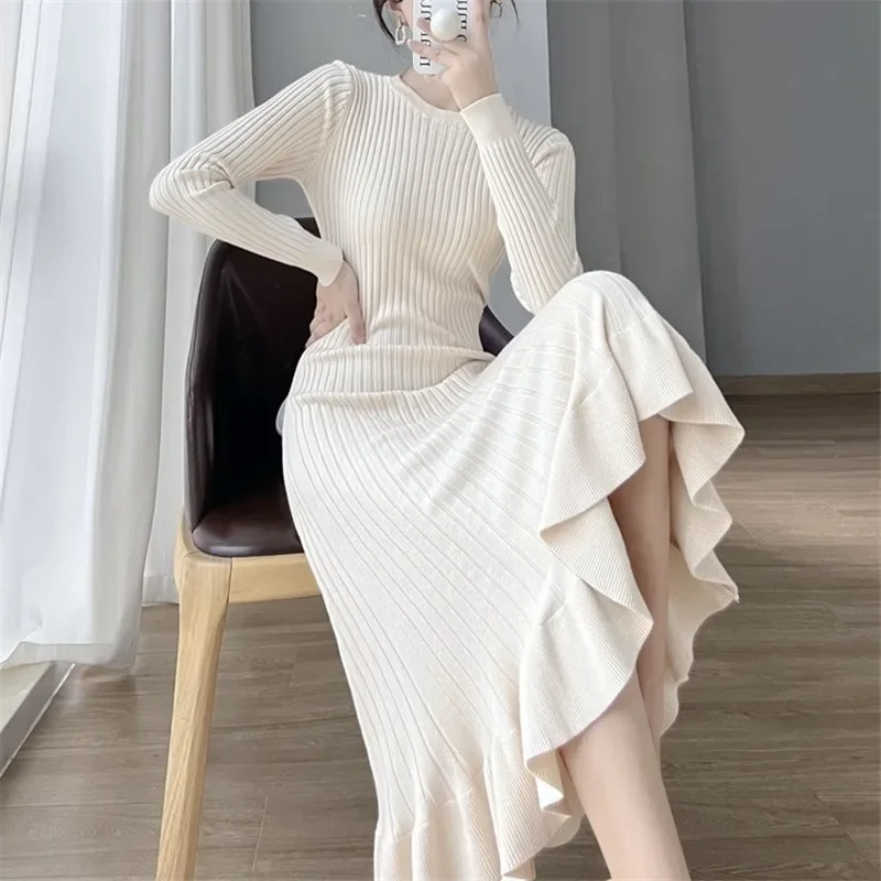 

Dress for Women Elegant Knitted Mid Length Buttocks Wrapped Fishtail Ruffled Edge Slim Fit, Solid Color Stripes Elegant