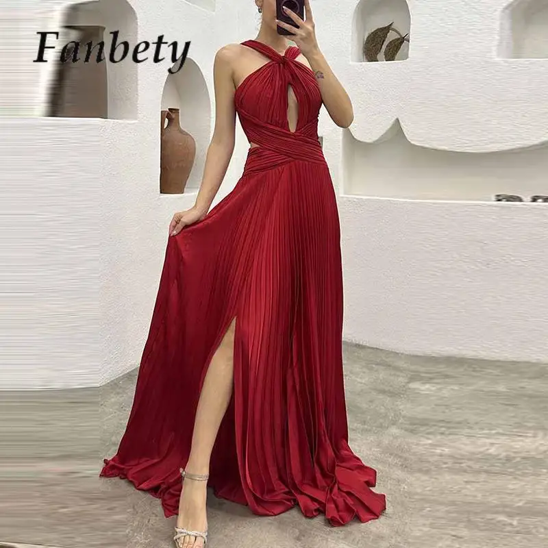 

Female Draped Loose Sexy Evening Dress Elegant Fashion Women Sleeveless Party Dresses Lady Halter Hollow Solid Slit Dresses