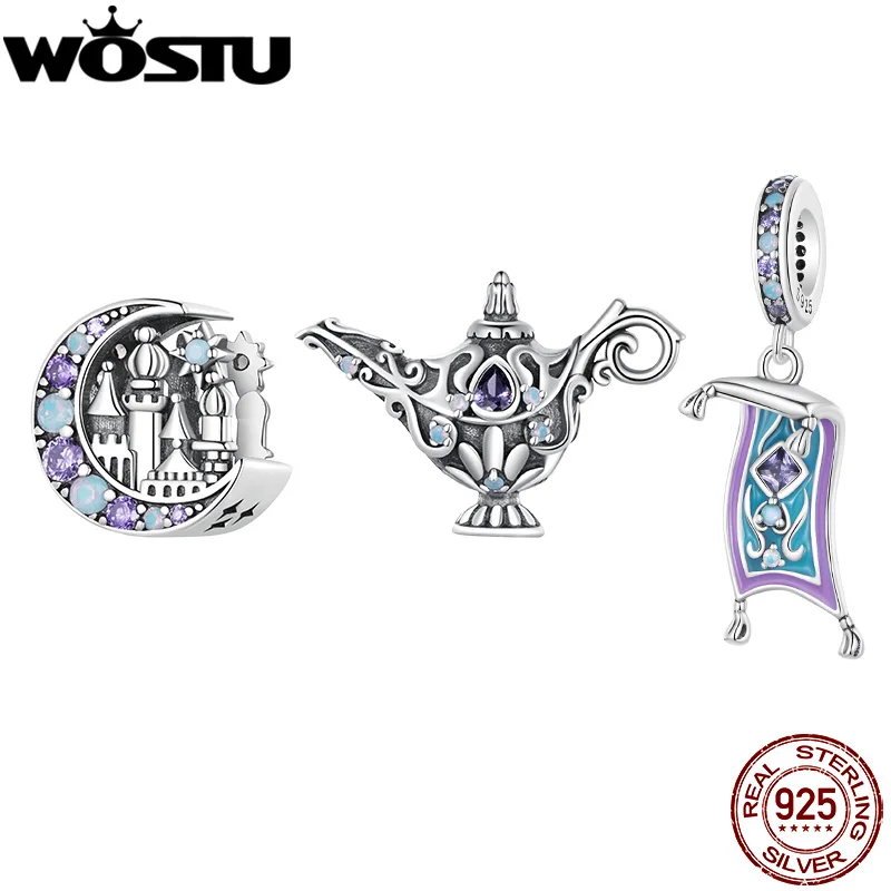 Wostu 925 Sterling Silver Purple Mystic Magic Moon Castle Bead Wishing Lamp Charm Magic Carpet Ciondolo Fit Bracciale Collana Fai Da Te