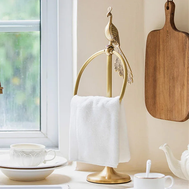 Brass Peacock Bath Towel Ring Retro Vertical Hand Towel Rack Ornaments Storage Holder Hotel Light Luxury Bathroom Supplies