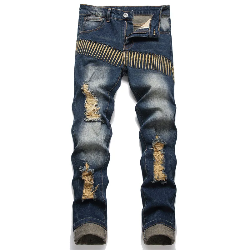 

Men's fashion jeans streetwear calca rock torn Embroidery personality mens slim jeans
