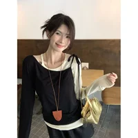 Women's Long Sve T-irt Set Korean Sle Casual Striped Pattern Base irt Unique Asymmetrical Splicing Design Two-Piece Set