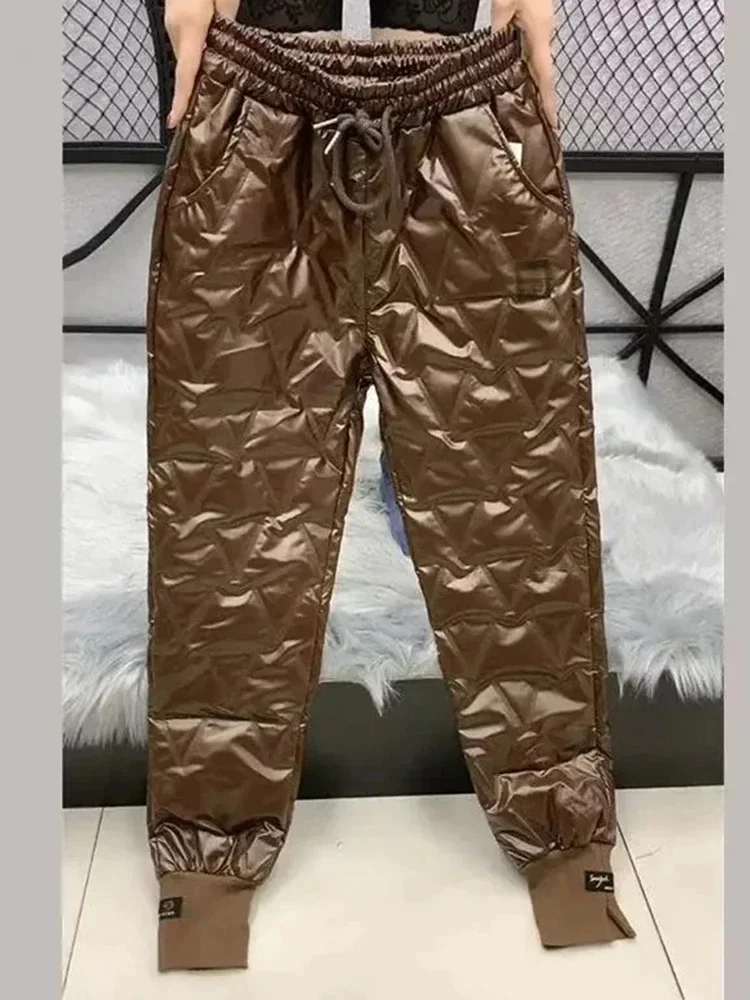 Winter Oversized Down Cotton Pencil Pants Warm Korean Fashion Slim Thick Women Pantalones Casual High Wais Black Trousers 4XL 5