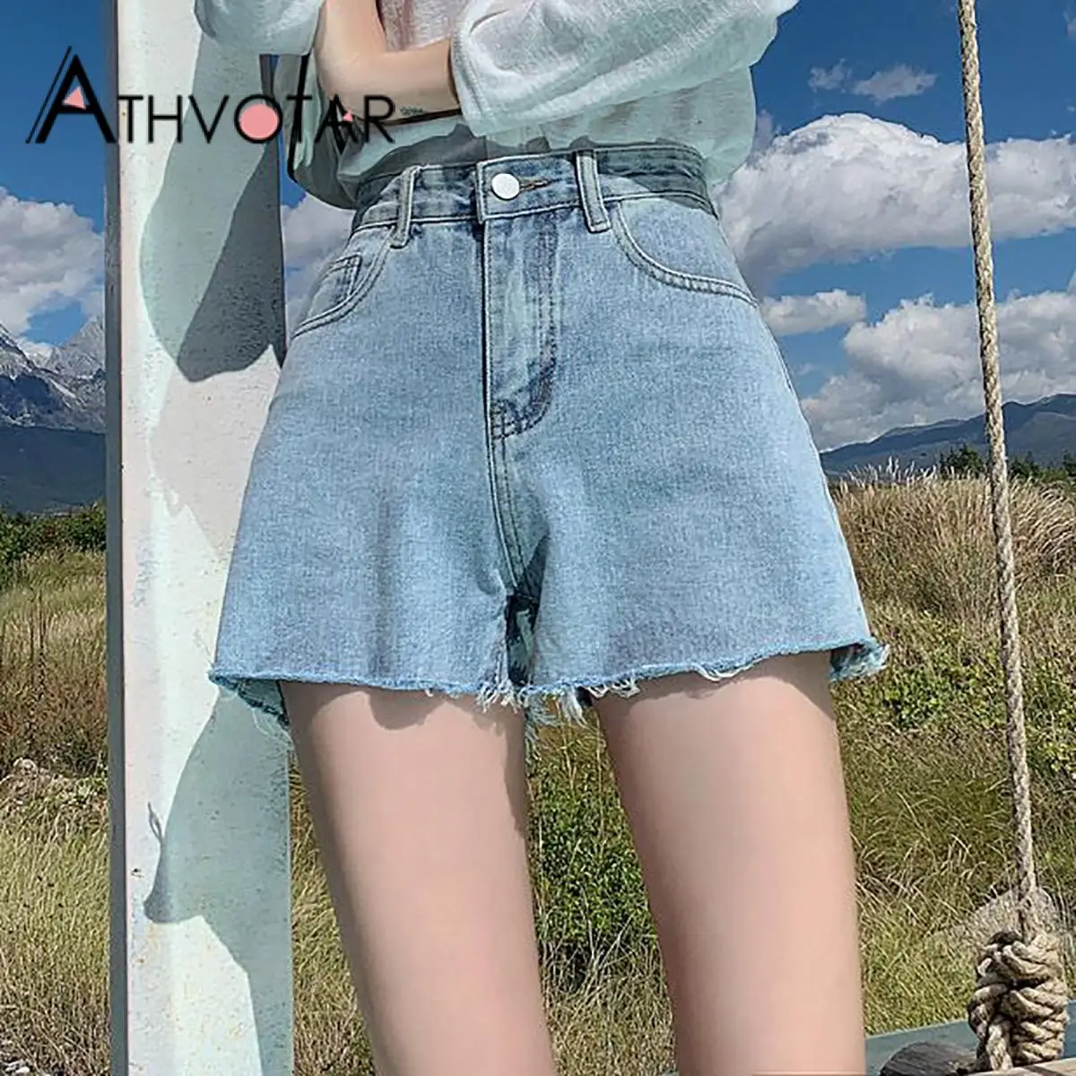 

ATHVOTAR Summer Denim Shorts Women Blue Korean Version High Waist Jeans Shorts with Pockets Casual Fashion Girl Short Pants