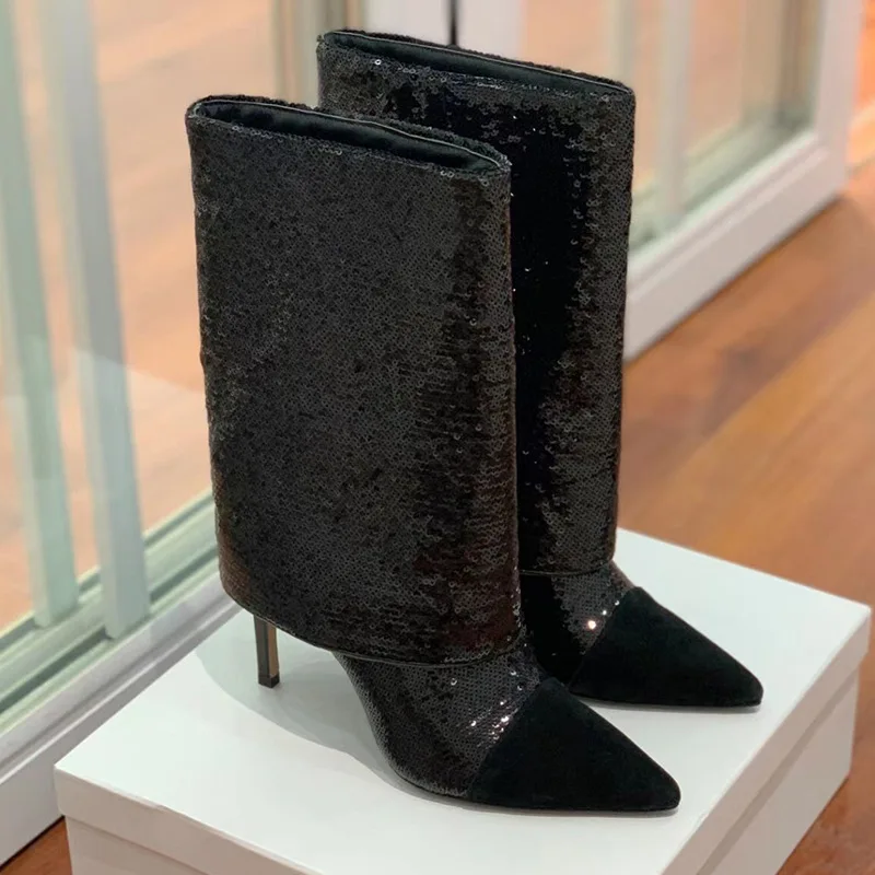 

2022 Winter New Pointed Toe Stiletto High-Heeled Sequins Catwalk Large Size Trousers Boots Short Boots Women