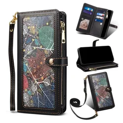 Stylish Crossbody Leather Wallet with Card Holder and Phone Case - Zippered Lanyard Flip Stand Cover - iPhone 13 Pro Max (Black)