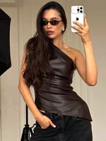 Trendix Women One Shoulder PU Top 2025 New Slant Collar Fashion Slim T-shirts For Femme Street Vintage Side Zipper Leather Tops 1