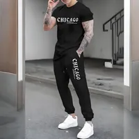 CHICAGO Print Men Tracksuit Set Jogger Clothing For Man Casual Suit Short Sleeve Tshirts+Trousers 2 Piece Outfits Streetwear 1