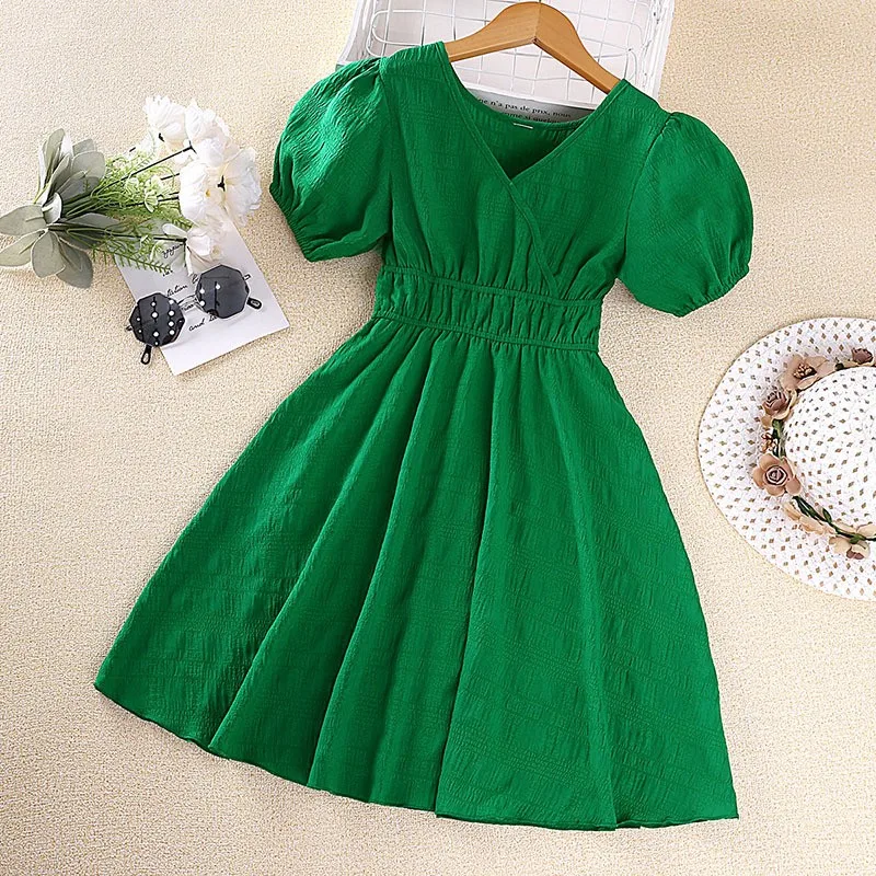 

European and American Girls' Dress 2023 Summer New Fashionable V-neck Bubble Sleeve Princess Dress for Children