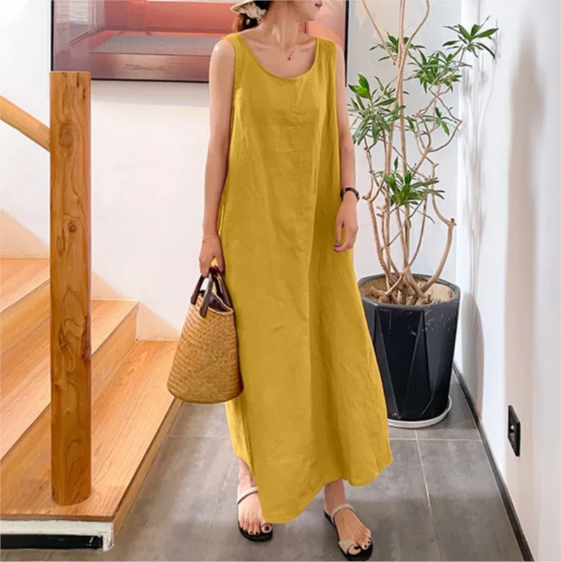 

Loose Cotton Linen Dress Casual Pocket Round Neck Sleeveless Long Dresses For Women Summer Vintage Vestidos Feminino Robe Femme