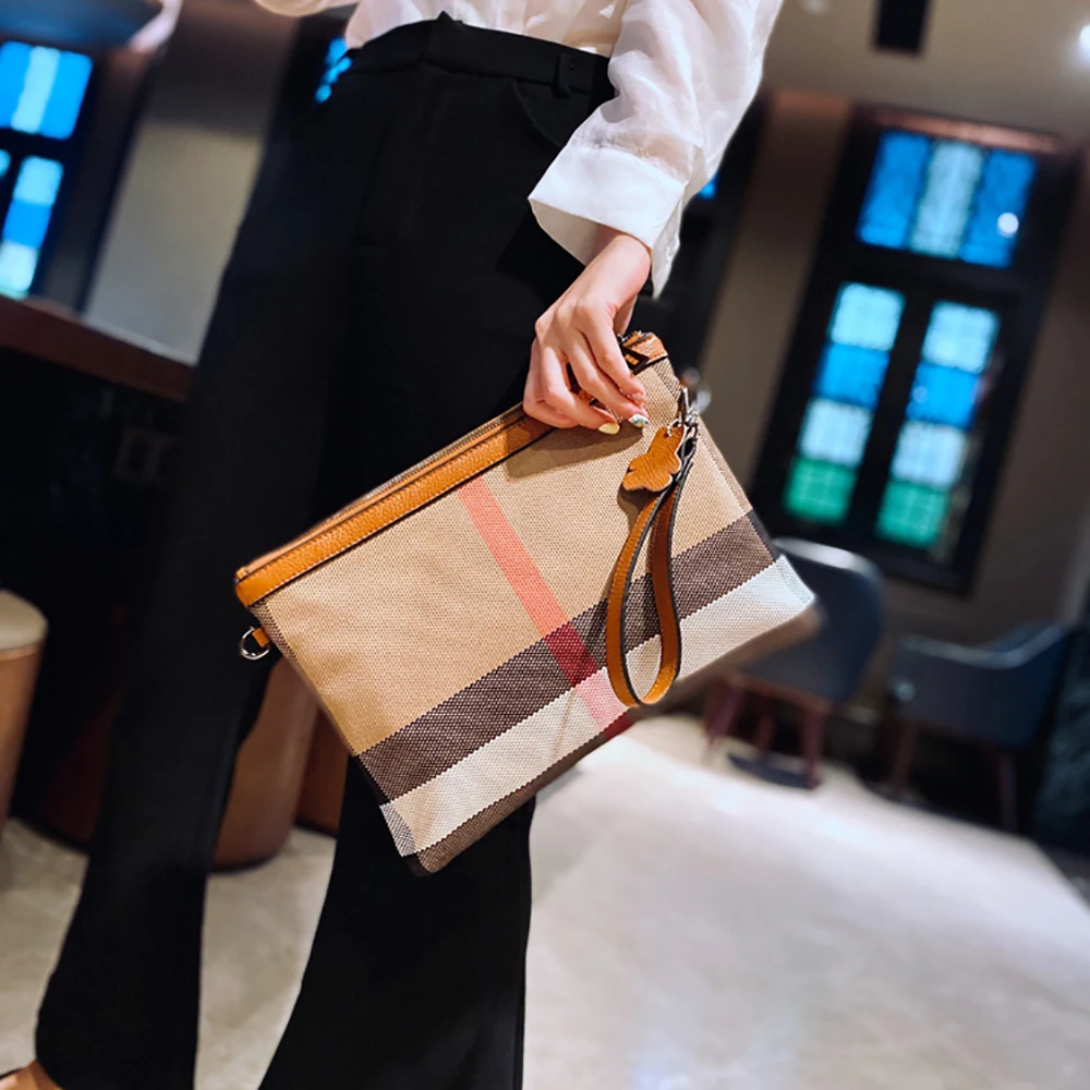 

Модный роскошный женский клатч, Классическая полосатая холщовая кожаная дамская сумочка через плечо с ремешком на запястье для работы, дамская сумка на плечо A4