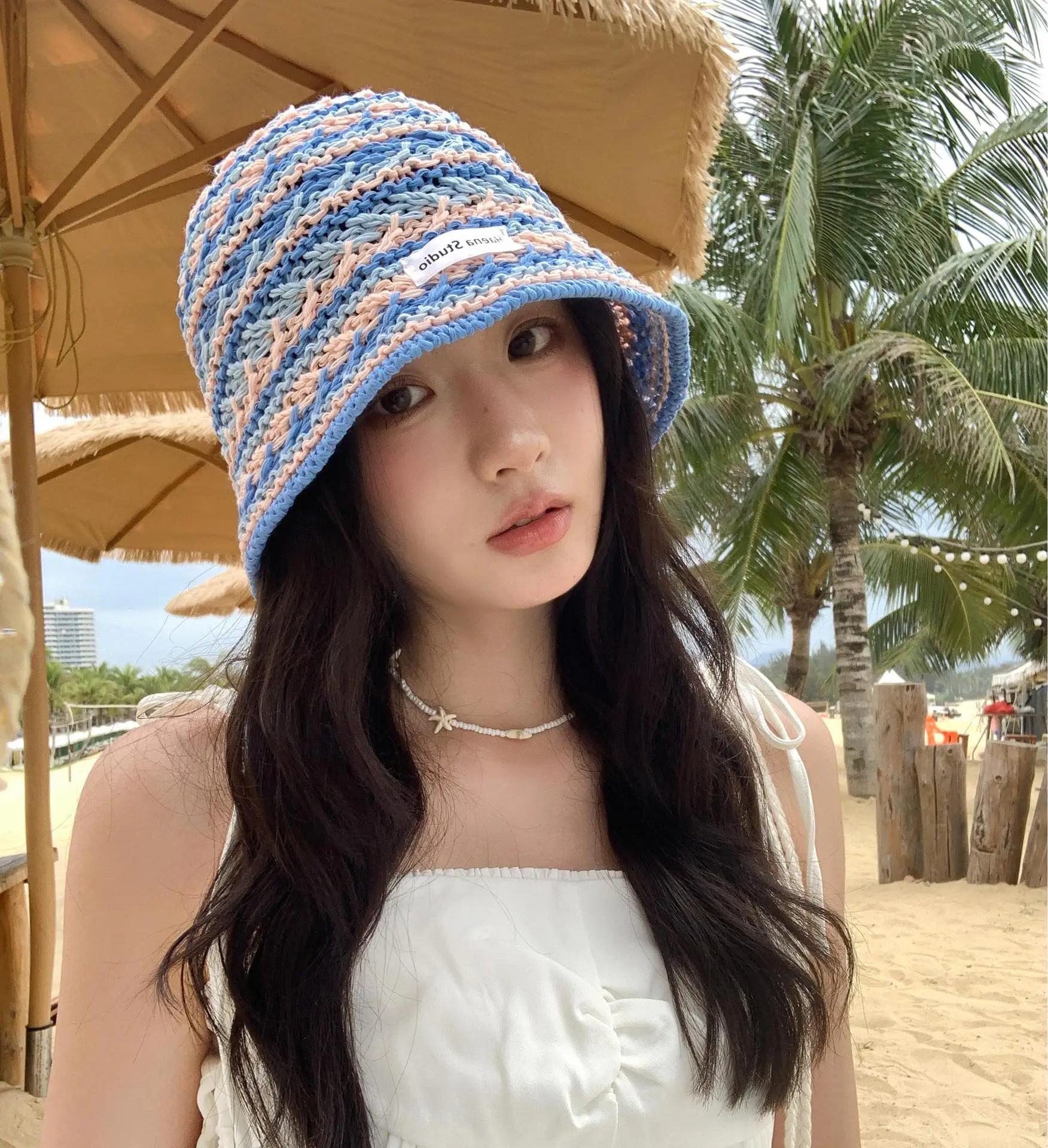 Damen Eimer Hut Koreanische Gestrickte Gestreifte Verstaile Aushöhlen Atmungsaktive Kappen Strand Urlaub Sonnenschutz Sonnenschutz Hüte Für Mädchen – Detail 13