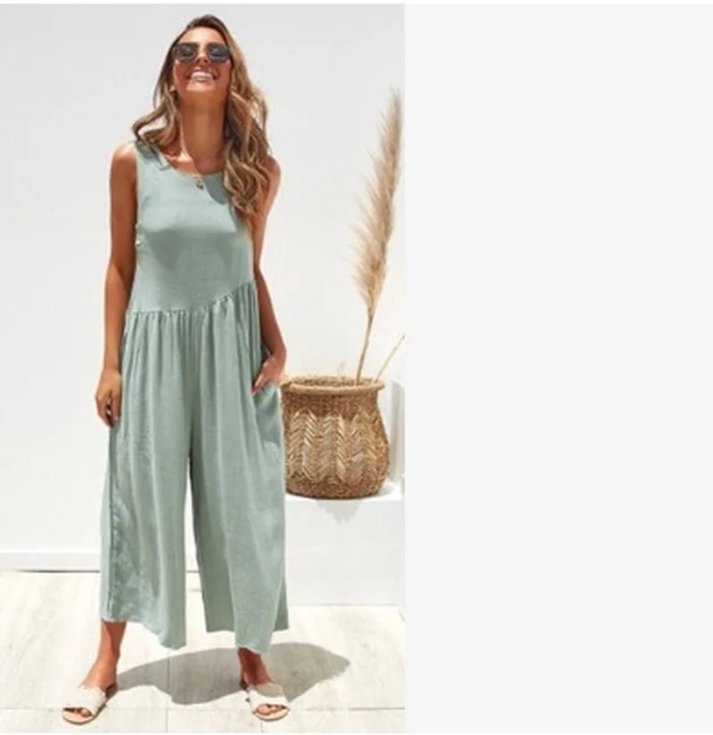 Female Casual Jumpsuit with Pockets Women Summer New Fashion Cotton and Linen Loose Sleeveless Backless Solid Wide Leg Jumpsuits bpn camouflage printing patchwork pockets cargo jumpsuits for women slash neck sleeveless high waist chic jumpsuit female style