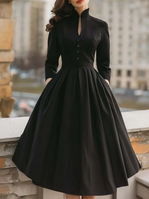 2026 New Women Black Stand Collar A-Line Dress Long Sleeves Buttoned High Waisted Pleated Elegant Cocktail Party Midi Dresses