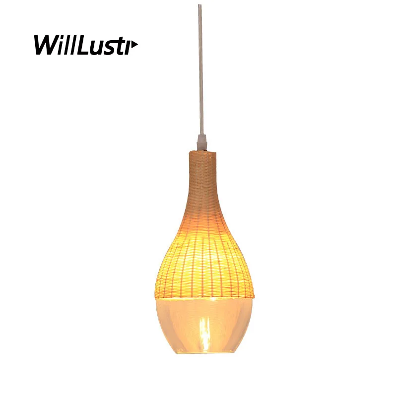 

Handmade Bamboo Pendant Lamp Glass Suspension Light Restaurant Hotel Bedroom Dining Room Hand Knitted Hanging Ceiling Chandelier
