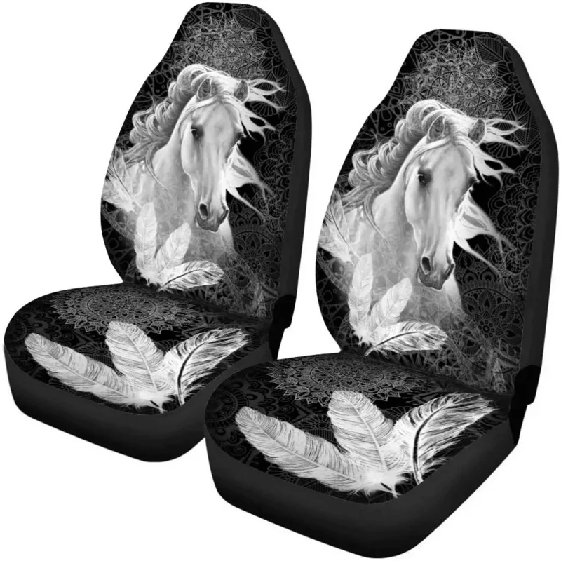 

White Horse Mandala Feathers Print Car Seat Covers Set of 2,Universal Fit Auto Front Seat Protectors for Cars,SUV,Truck