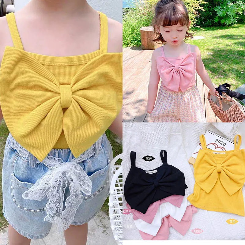 

2-6 Years Children Girl Summer Cotton Cute Big Bow-tie Camisole Square Collar Vest Tops T-Shirt