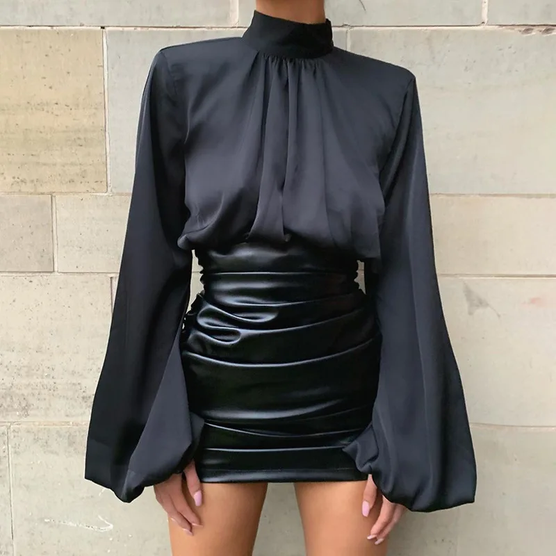 

Fashion Blouse Shirt Solid Color Sexy Bottom Loose Satin Pleated Lantern Goth Sleeve Top Shirt Female Women Long Sleeve Blouse