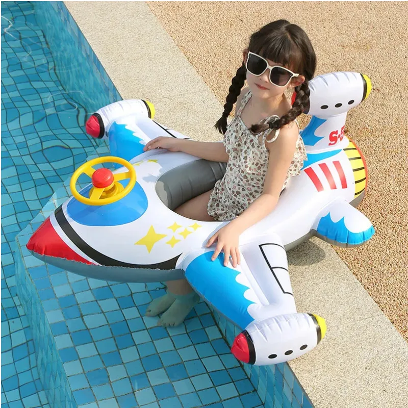 Kids Airplane Shape Infant Float Pool Swimming Ring Inflatable Circle Baby Seat with Steering Wheel Summer Beach Party Pool Toys 2