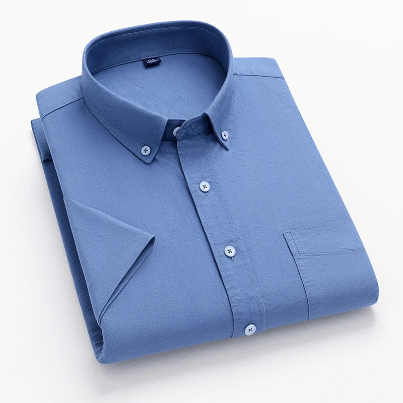 New Men's Striped Fashion Short Sleeve 100% Cotton Oxford Plaid Business Button Down Regular Fit Office Shirt Man Clothing 6