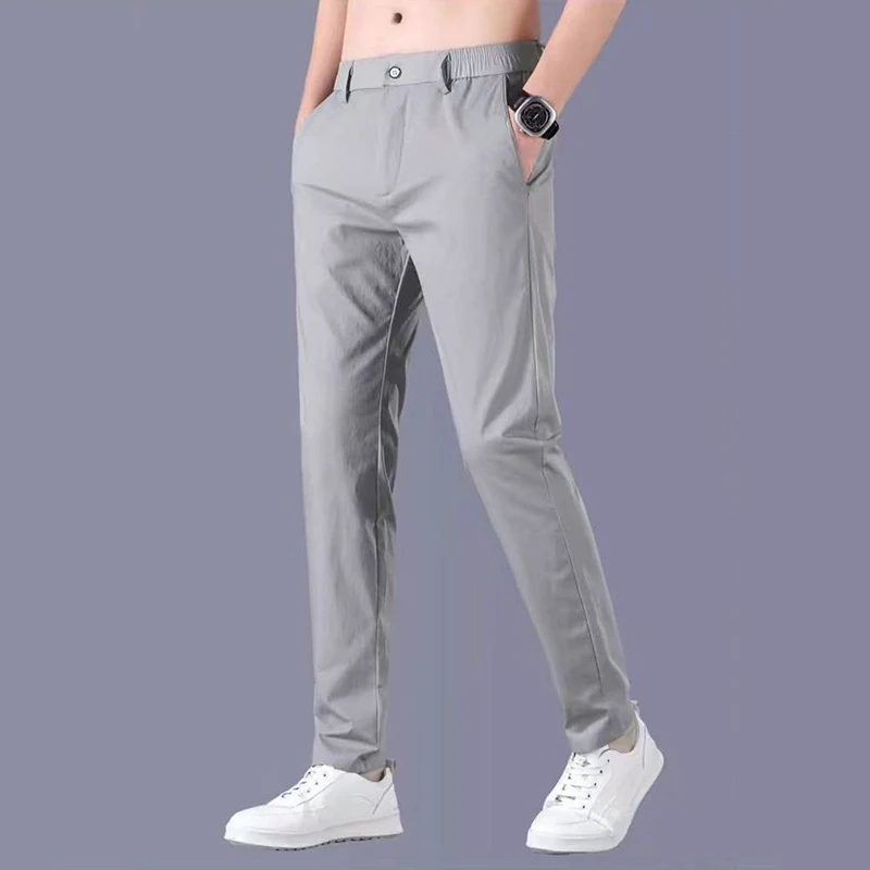 Summer Thin Business Elastic Fashion Trend Slim Casual Suit Pants Men's Solid Button Zippered Pockets Korean Straight Trousers