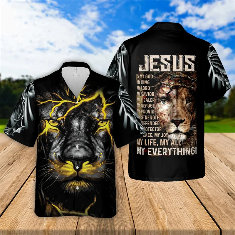 thumbnail image 1 of Camisa hawaiana con la frase "Father Over Fear" de Jesús, de manga corta, para hombre y mujer, para playa, de verano, con estampado floral, 2024, 1 of 5