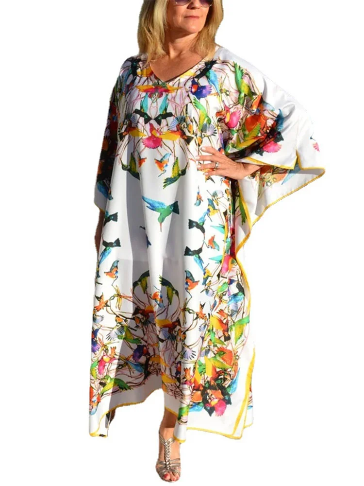 Beach Dresses Bird Bohemian Kaftans for Women Kimono 2023 New Large Size Loose Bikini Cover Ups Maxi Robe Elegant Swimsuit