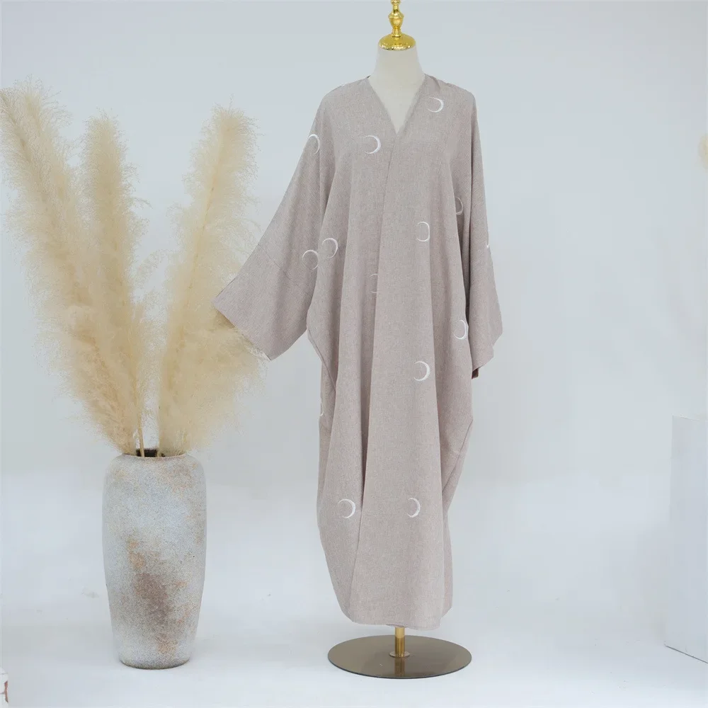 Moon Embroidery Cotton Linen Abaya Kimono Muslim Hijab Dress Open Abayas for Women Dubai Luxury 2024 Islam Clothes Turkey Kaftan