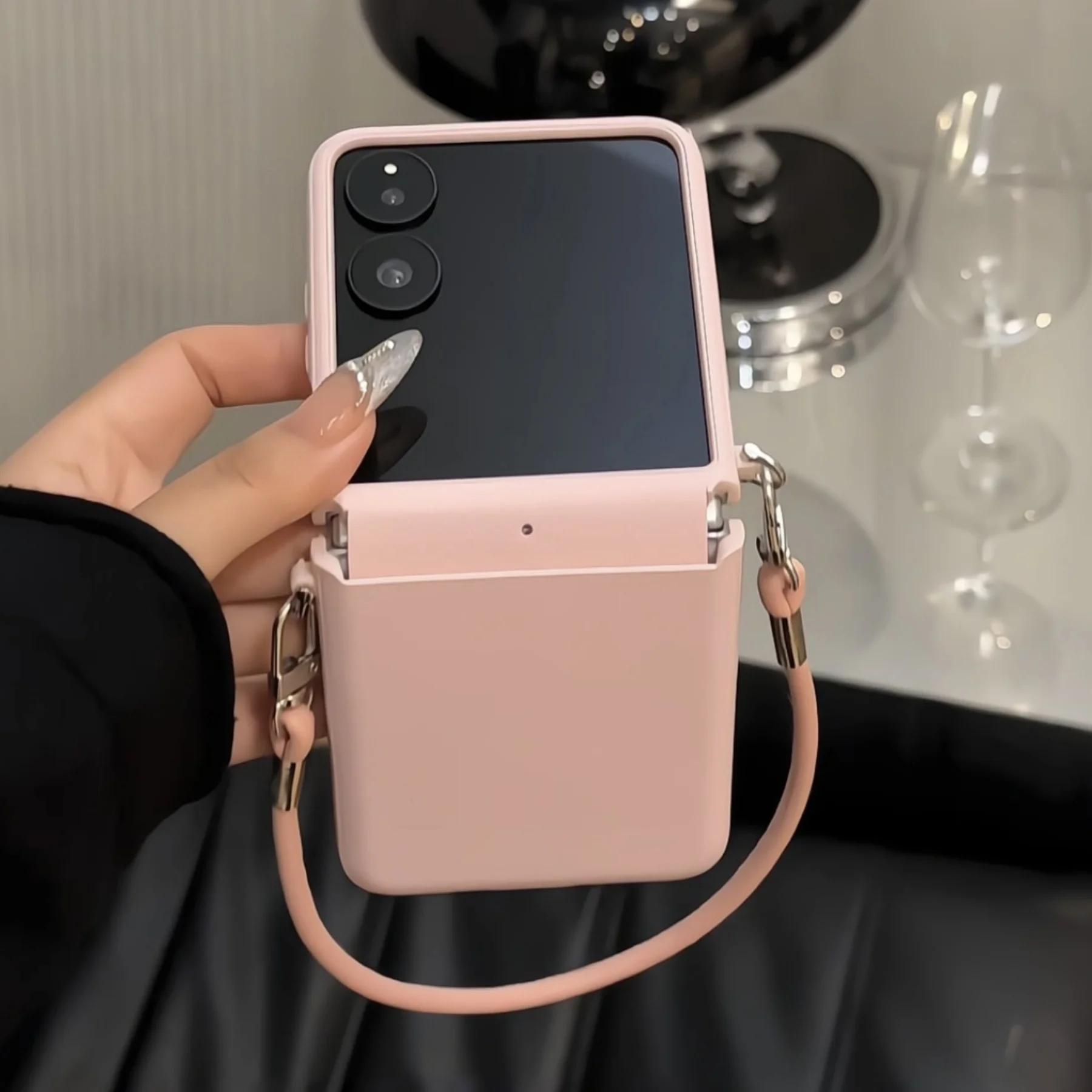 Korean Fresh Pink and White Phone Case with Leather Rope