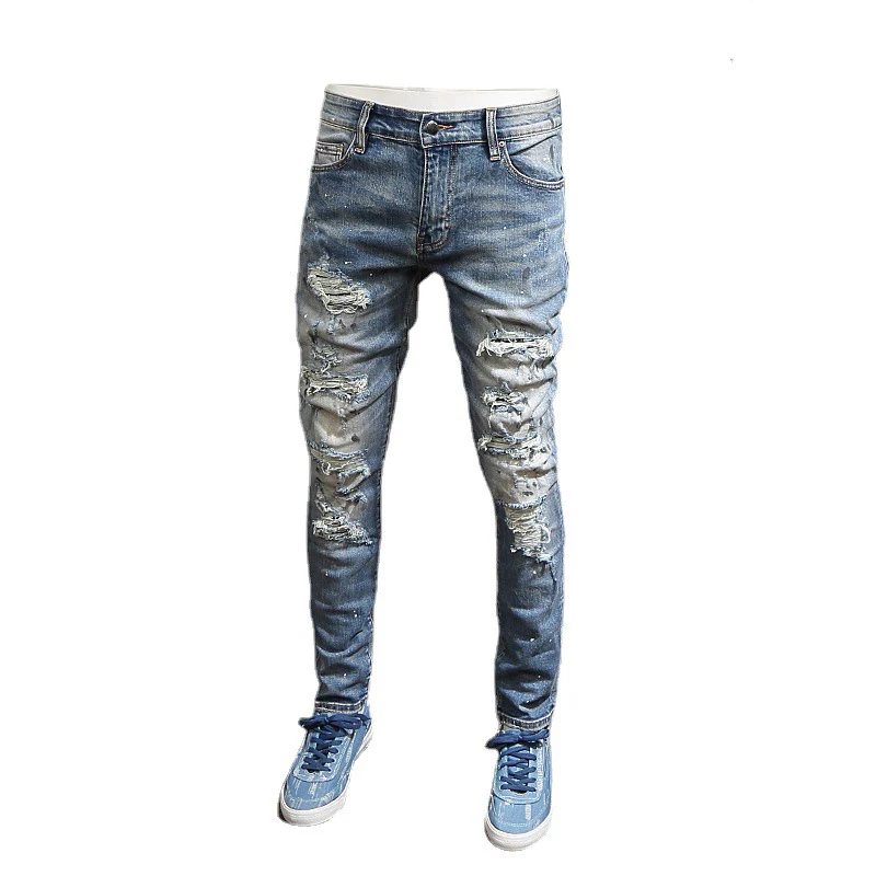 Street Fashion Men Jeans Retro Blue Elastic Painted Skinny Ripped Jeans Men Beading Patched Designer Hip Hop Brand Pants Hombre