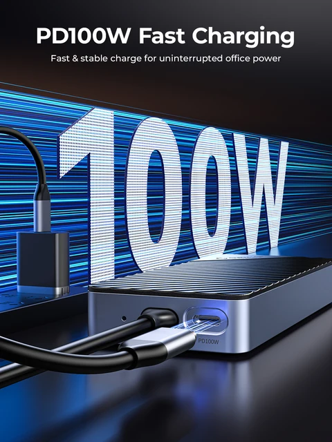 8-in-1 확장성, 고속 데이터 전송, PD100W 충전, NVMe/SATA SSD 인클로저