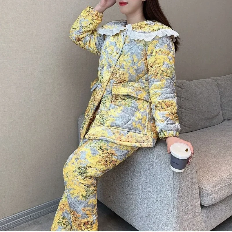 2024 New Women's Thickened Plush Sleepwear Coral Velvet Winter Loungewear Three-layer Cotton Sandwich Flannel Warm Homewear Set