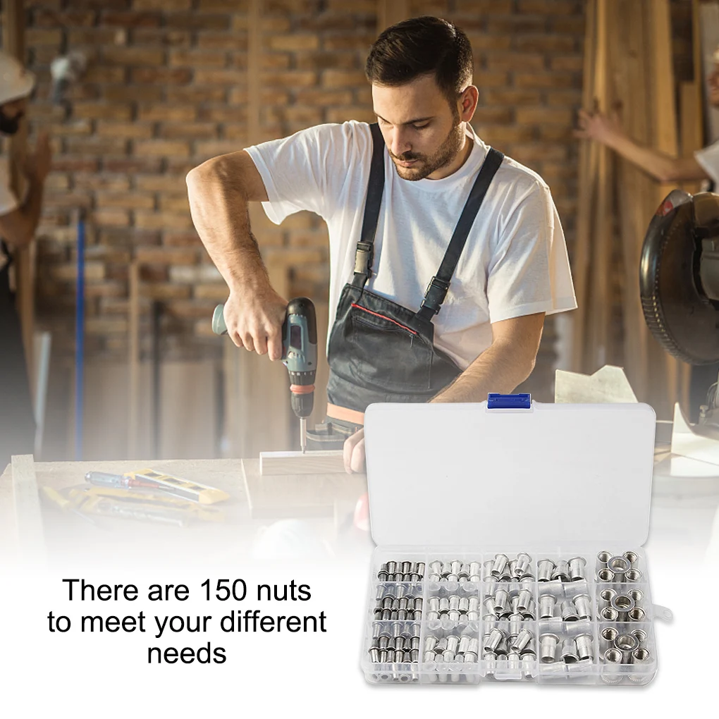 150 Pieces Rivet Nuts Flat Head Industrial Assortment with Carrying Box