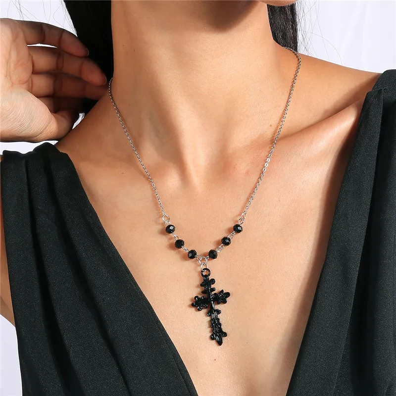 Gothic Pink Cross Halskette lila Zirkon Punk Anhänger Halskette Grunge Herz Kreuz Halskette für Frauen Schmuck Accessoires – Detail 22