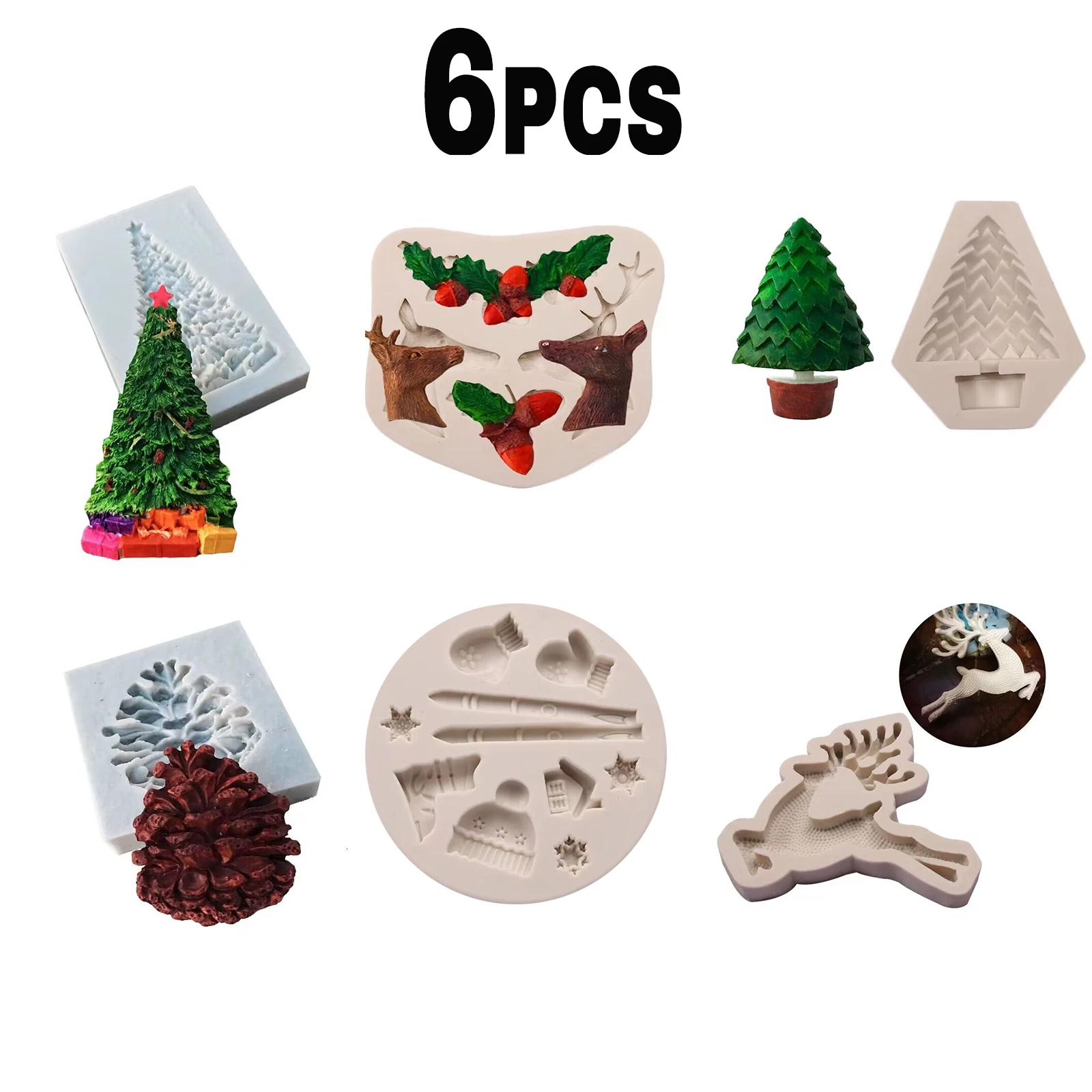 

3d Tree Christmas Elk Cone Silicone Fondant Mold Cake Decorating Tools Chocolate Mousse Baking Mould 3d форма Set Of 6pcs