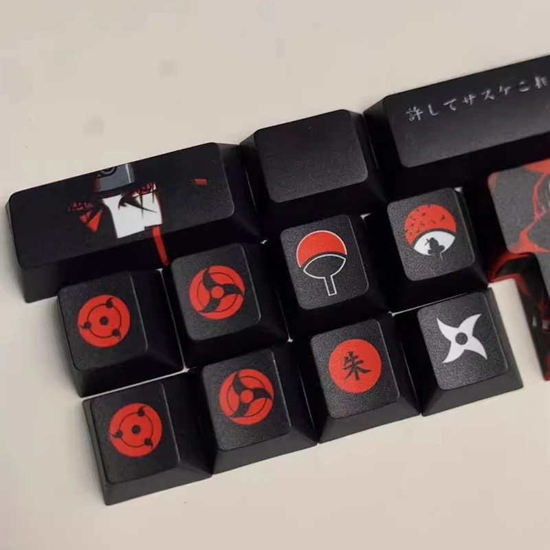 Japonês Anime Cartoon Keycaps Pbt Dye Sublimation Uchiha Itachi Key Caps Perfil de Cereja à Prova de Luz Preto Vermelho Conjunto - Imagem 5