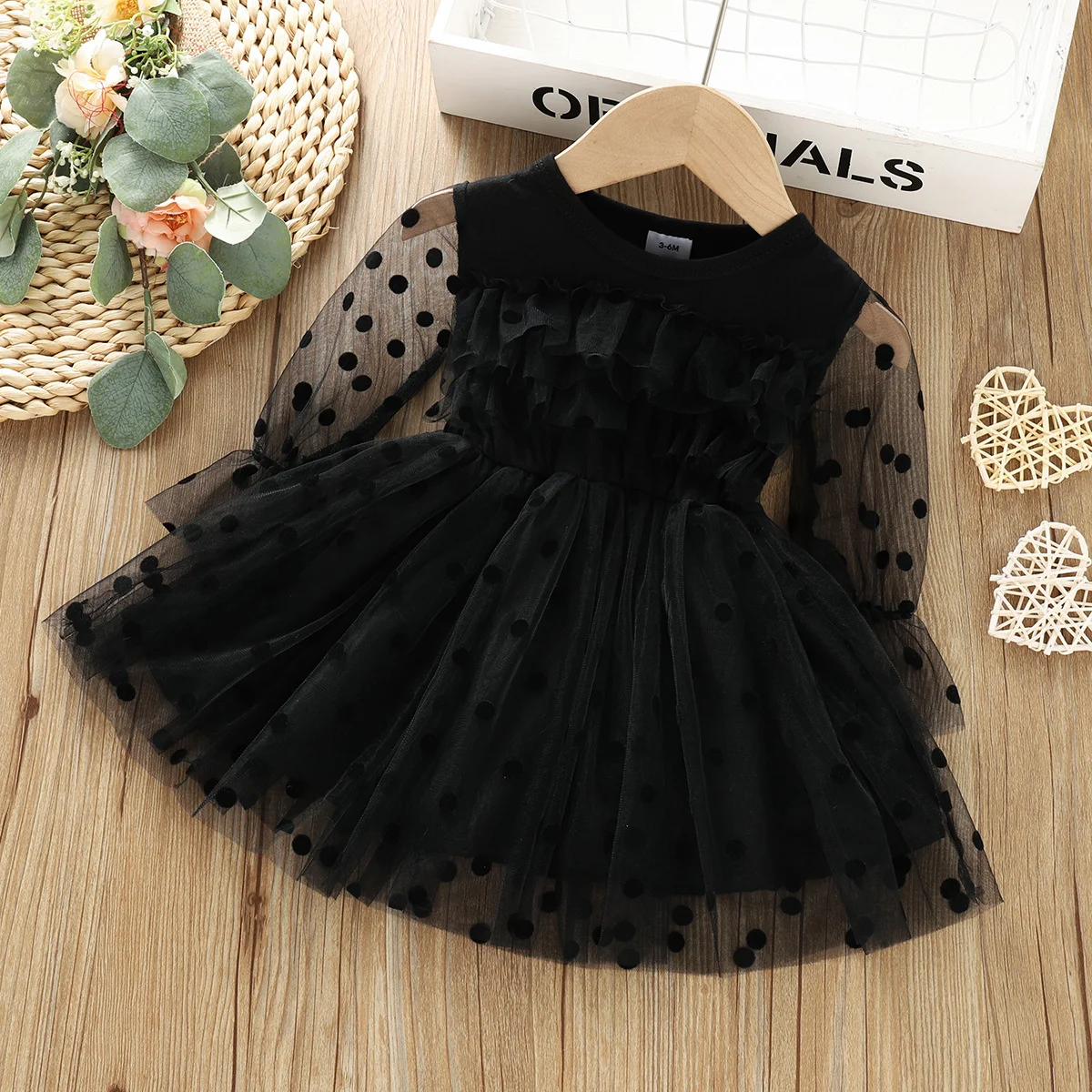 

New Girls Dress Spring Polka Dot Mesh Stitching Long Sleeve Princess Dresses Autumn Black Little Girl Costume