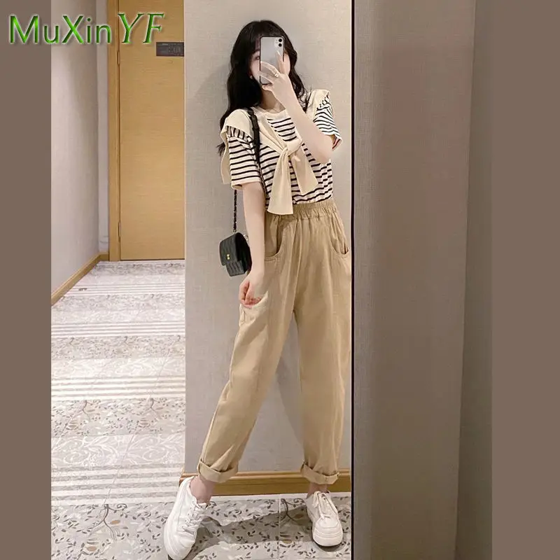 Women's Casual Shawl Top Pants Three Piece 2022 Summer New Striped T-Shirt Trousers Suit Female Korean Elegant Clothes Set tesco french women s suit white blazer and wide leg trousers shawl collar lace up jacket pantsuit elegant lady outfits 2 piece