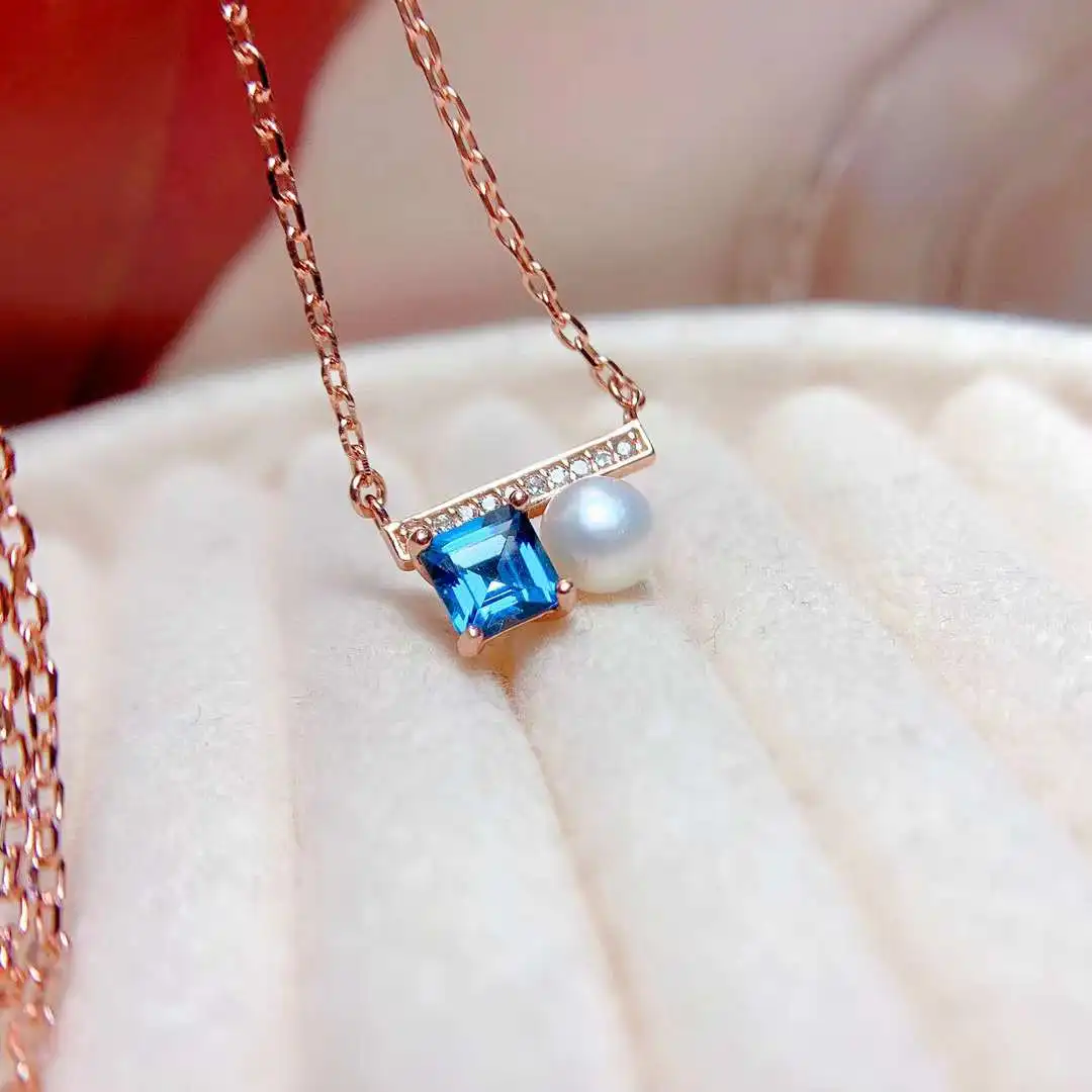 

geometry Square circle Natural blue topaz Pendant necklace S925 silver Natural Pearl gemstone necklace girl party gift jewelery