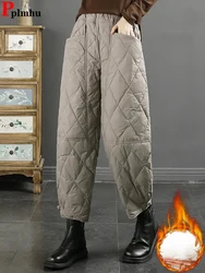 Design Button Warm Down Cotton Jogger Pants Baggy Thick Fluffy Women Ankle-length Pantalones Korean Snow Wear High Waist Spodnie