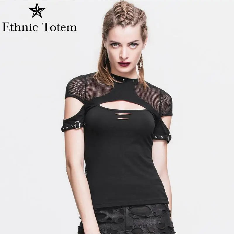 

Women Gothic Punk Rivet Short Sleeve T-Shirts Retro Heavy Industry Hole Sexy Hollow Out Tees Mesh Harajuku Perspective Crop Top