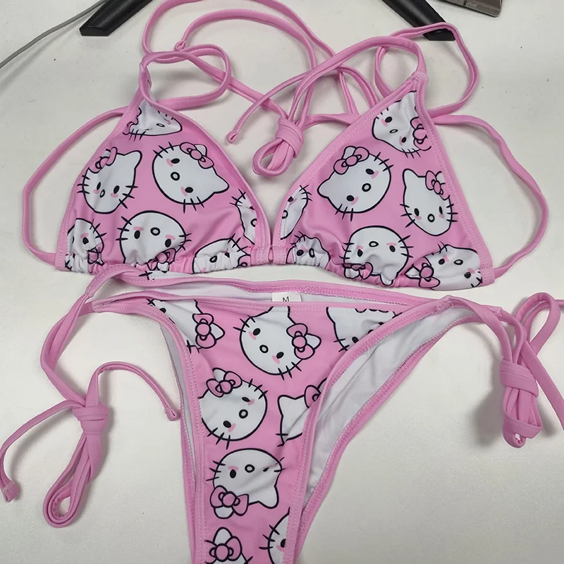 

2Pcs HelloKitty Sanrio Bikini Set Cute Cartoon Y2k Anime Summer Beach Soft Side Strappy Panties Sexy Bikini Kawaii Swimsuit