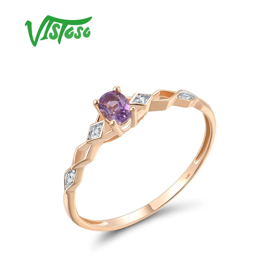 

VISTOSO Genuine 14K 585 Rose Gold Ring For Women Sparkling Diamond Charming Amethyst Wedding Engagement Delicate Fine Jewelry