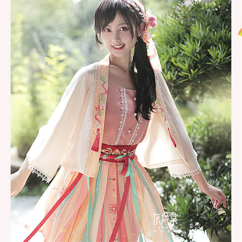 

Women Ancient Chinese Hanfu Costume Vintage Embroidery Oriental Fairy Folk Dancing Chiffon Outfit Summer Cardigan Short Skirt