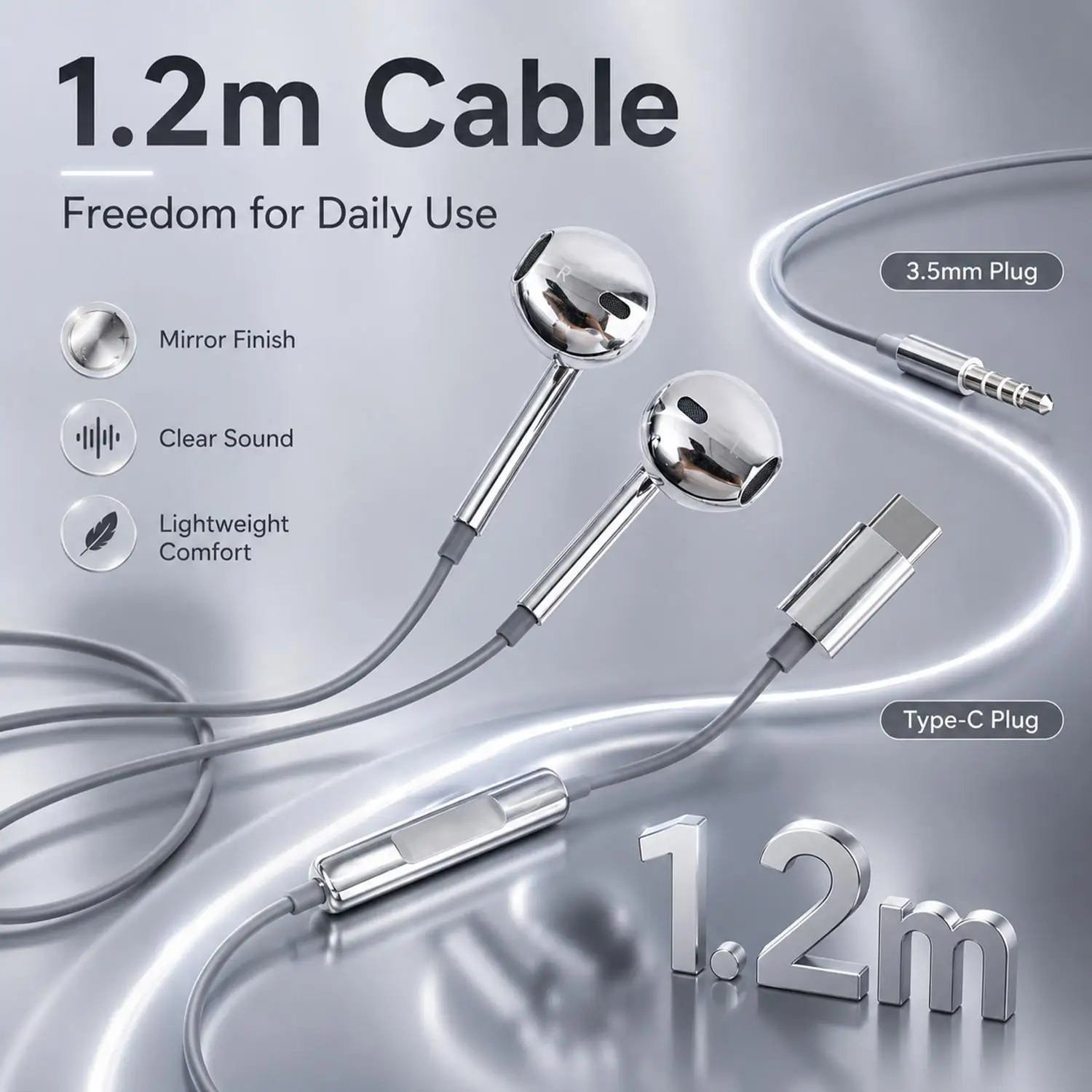 Premium Wired USB-C Earbuds with Mic & Volume Control - Chrome Silver