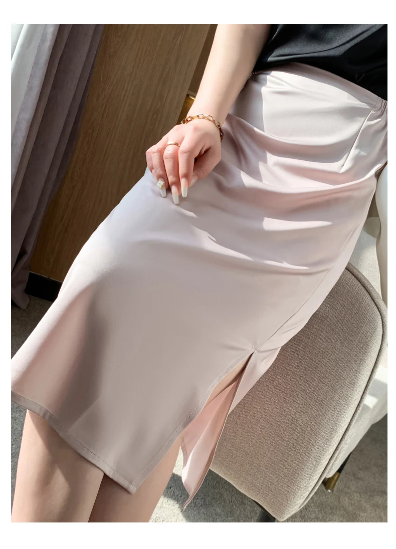 22 Spring Summer New Silk Skirt Women's Bottoms Loose Thin Mid-Length Acetate Knitted Hip Skirt Sexy Silky A-Line One-Step Skirt black maxi skirt