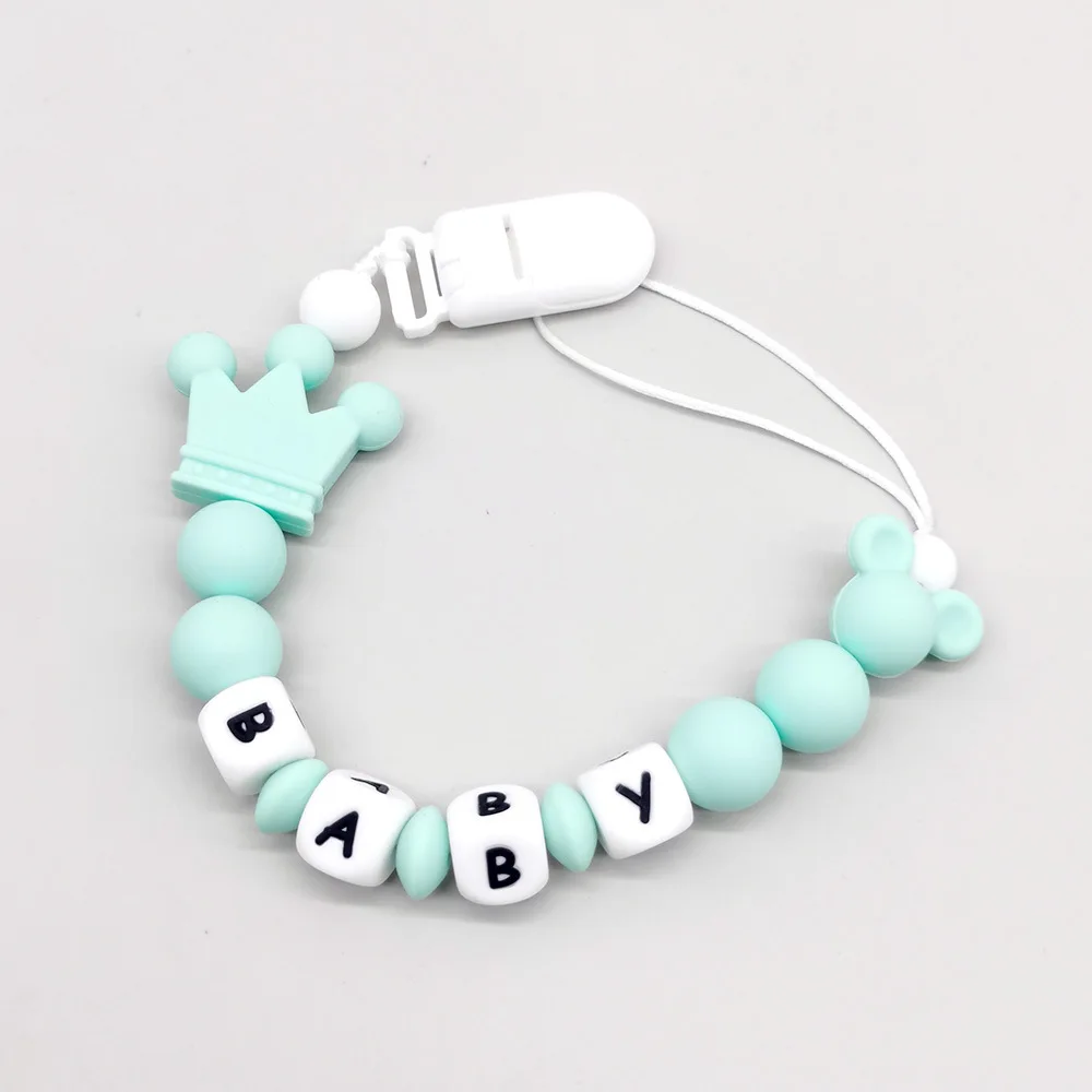 Customized Name Baby Pacifier Clips Chain Anti - Lost Baby Pacifier Holder Gray Mouse, Silicone Alphabet Bead Design