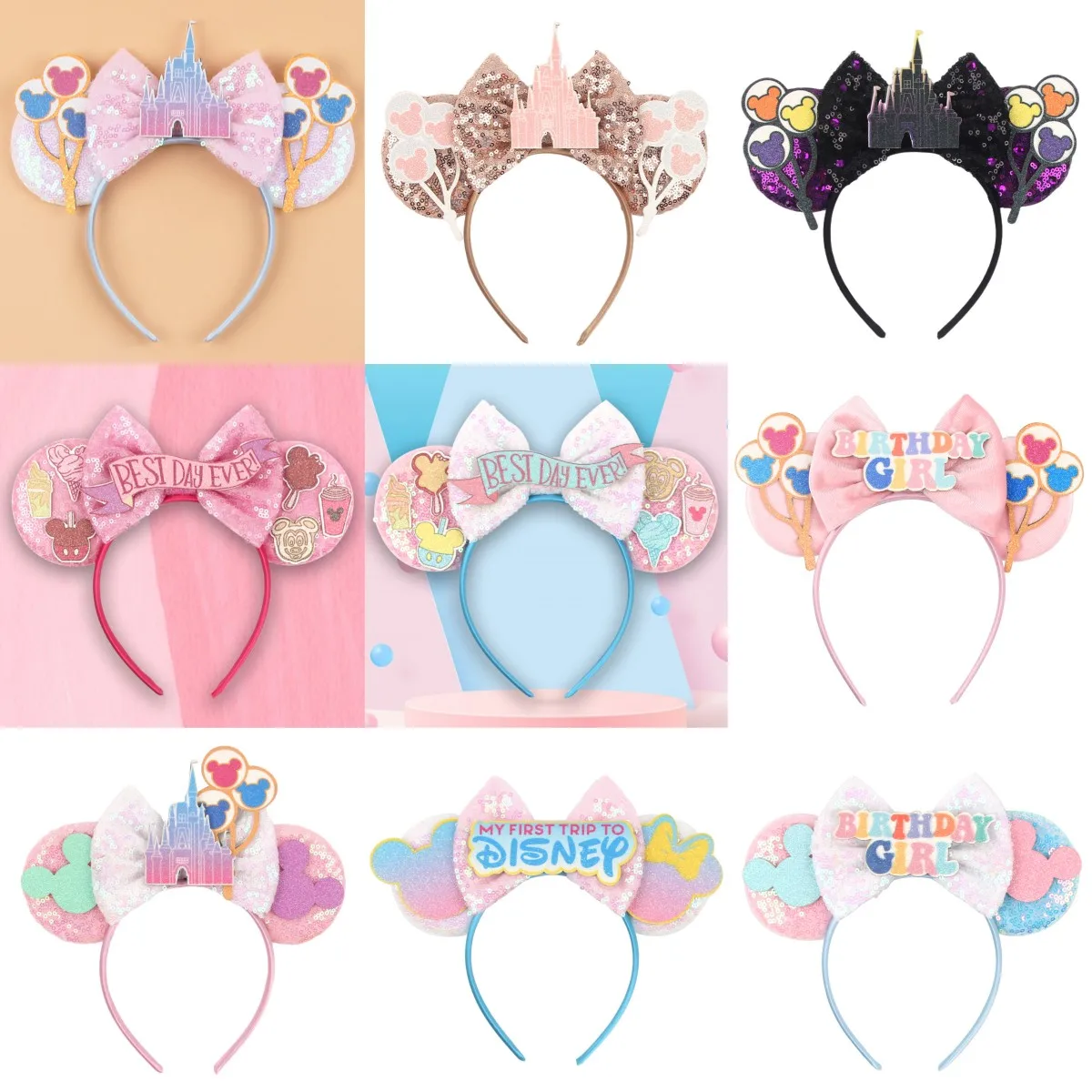 Hair Accessories Disney Castle Christmas Mickey Hair Hoops Birthday Party Children Mickey Mouse Sequins Hoops