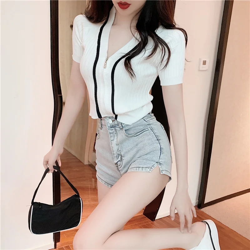 

T-shirt Sleeve Women's V-neck Summer New Heart Short Top Exposed Navel Style White Camisetas Tops Women T-shirts Clothing