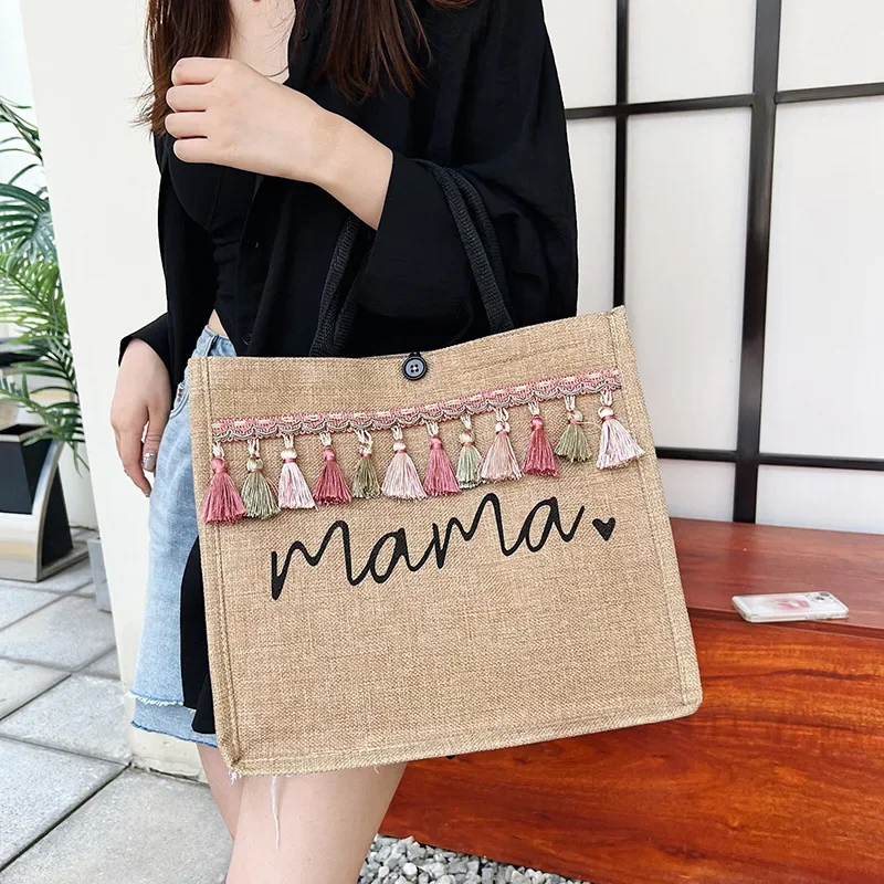 Women Tote Bag Fashion Mama Letter Printing Linen Handbag Large Capacity Baby Diaper Bag Casual Shopping Shoulder Bag Mom Gifts 2